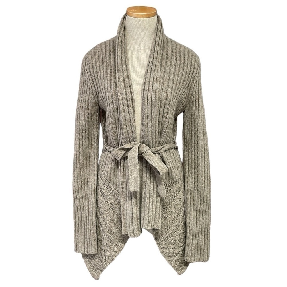 BCBGMaxAzria Cardigan Women's S Small Tan Open Front Sweater Tie Cable Knit Wool